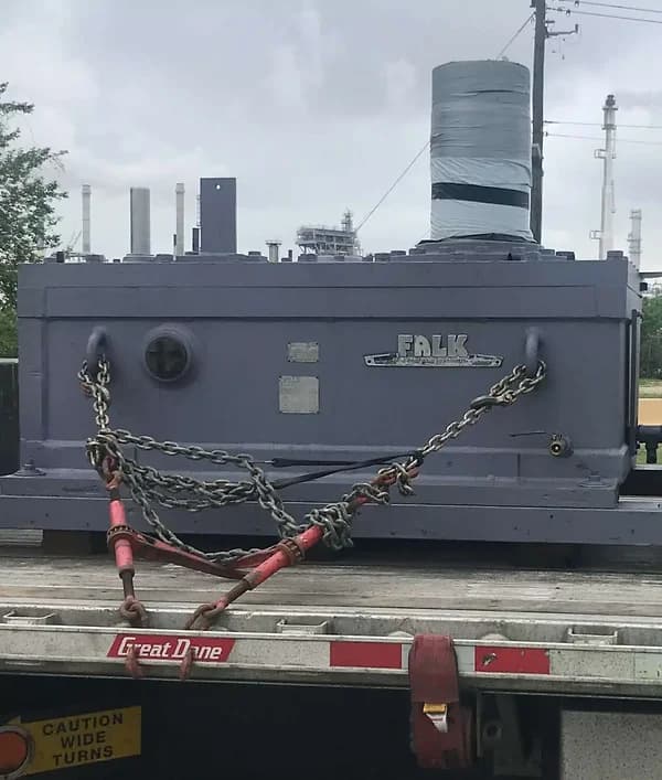 The same Falk gearbox after a complete Gear Force Machine rebuild — repainted, reassembled, and ready for shipment.