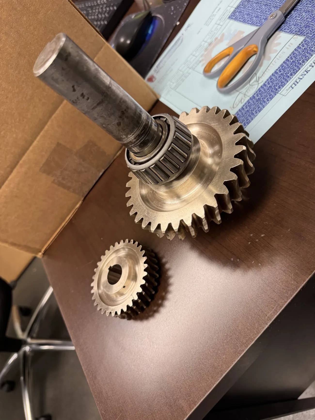 Freshly rebuilt bronze gears and pinion from a City of Houston Envirex wastewater gearbox at Gear Force Machine.