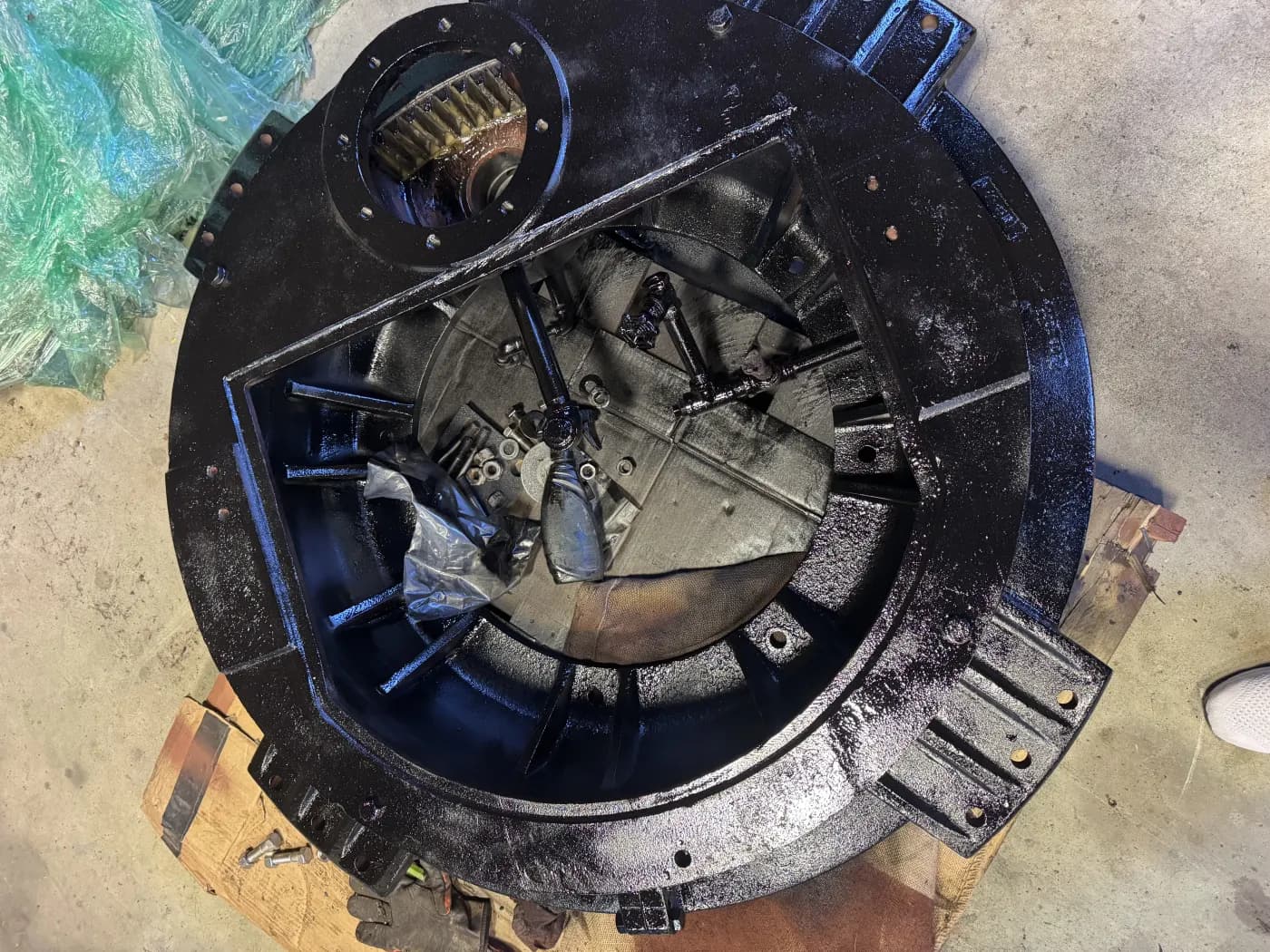 A rebuilt and repainted Envirex turntable secondary gearbox from a City of Houston wastewater treatment plant, completed at Gear Force Machine.