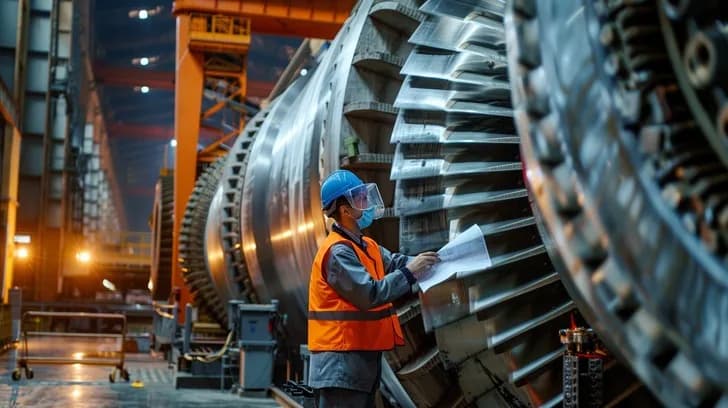 An inspector in a hard hat, face shield, and hi-vis vest reviewing dimensional inspection paperwork against a large turbine rotor in an industrial bay.