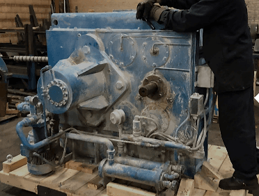 A worn Farrel/Pomini extruder drive gearbox before rebuild.