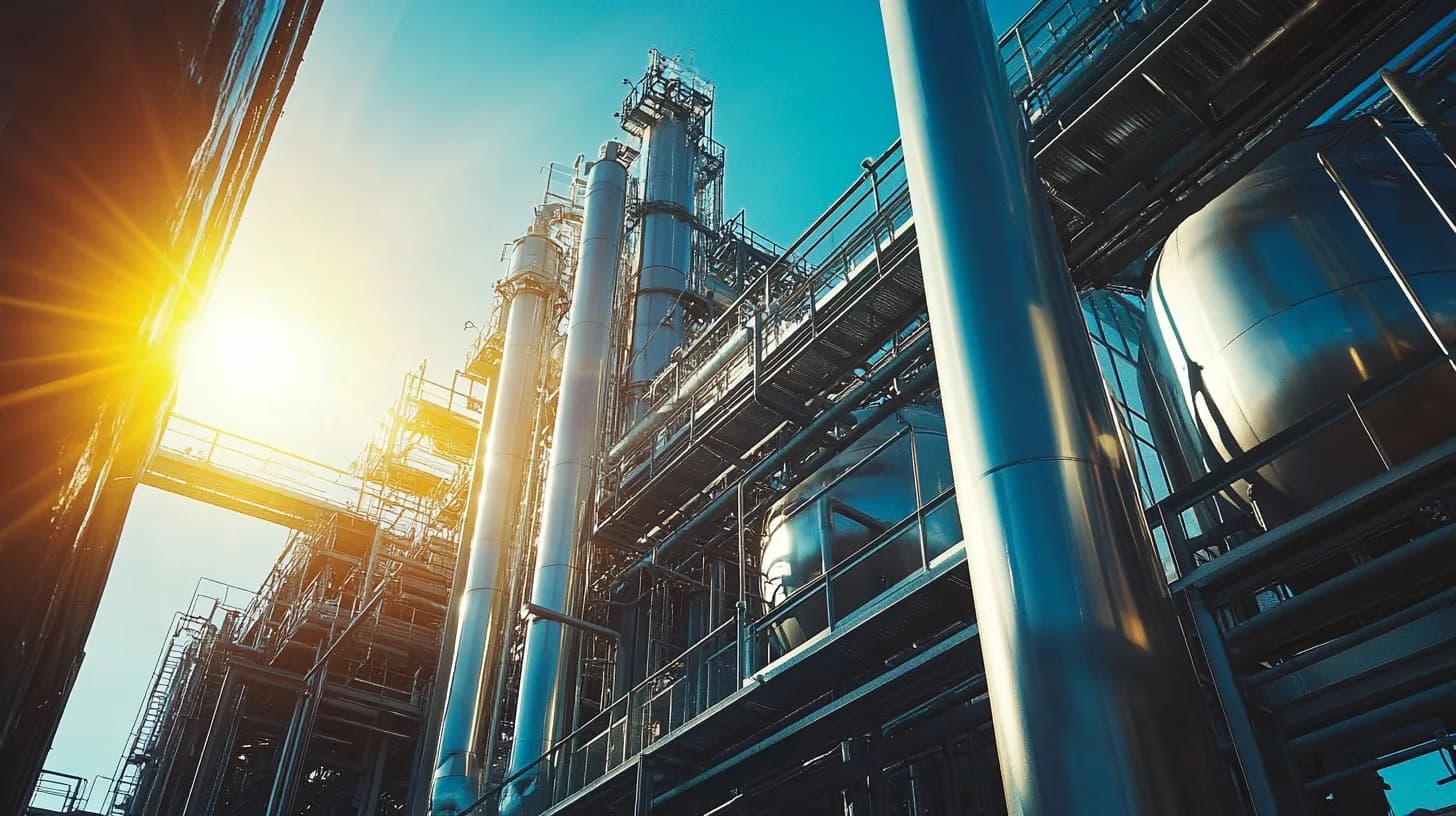 Distillation columns, process piping, and access gantries at a petrochemical plant, seen from below against a clear sky.