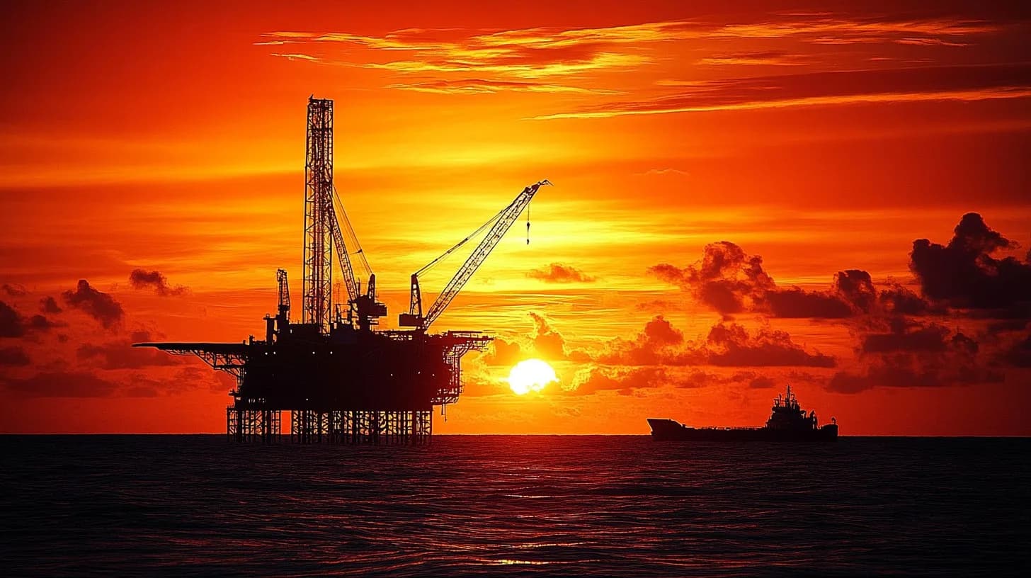 An offshore oil platform and a supply vessel silhouetted against an orange sunset over open water.