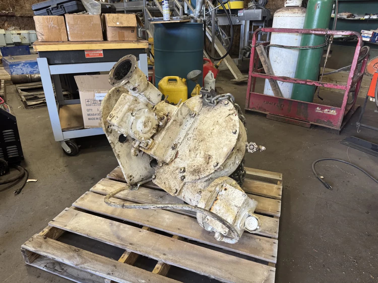 A worn Envirex wastewater gearbox and intake as received at the Gear Force Machine shop.