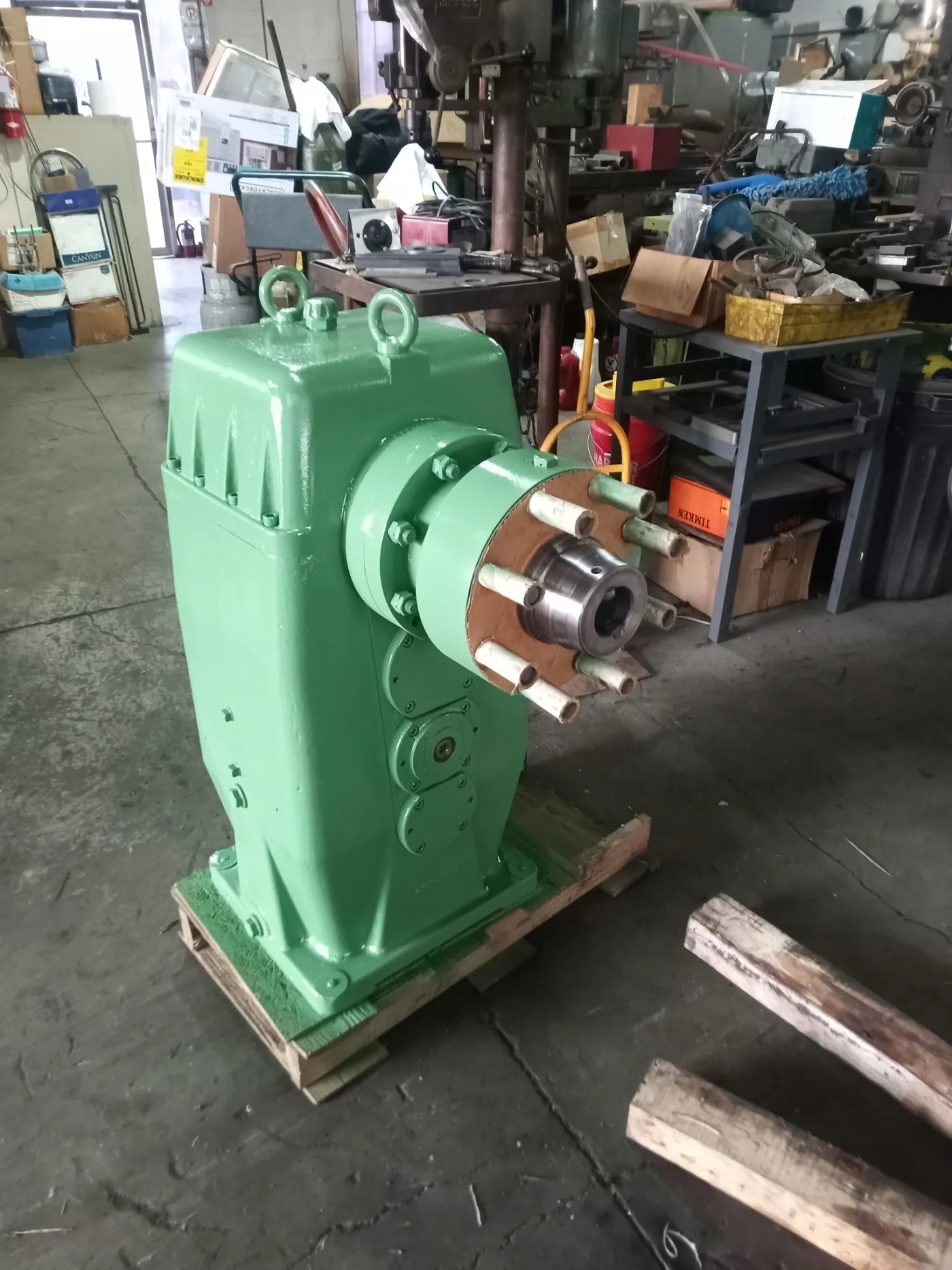 Rebuilt industrial gearboxes tagged and staged in the Gear Force Machine warehouse, ready to ship.