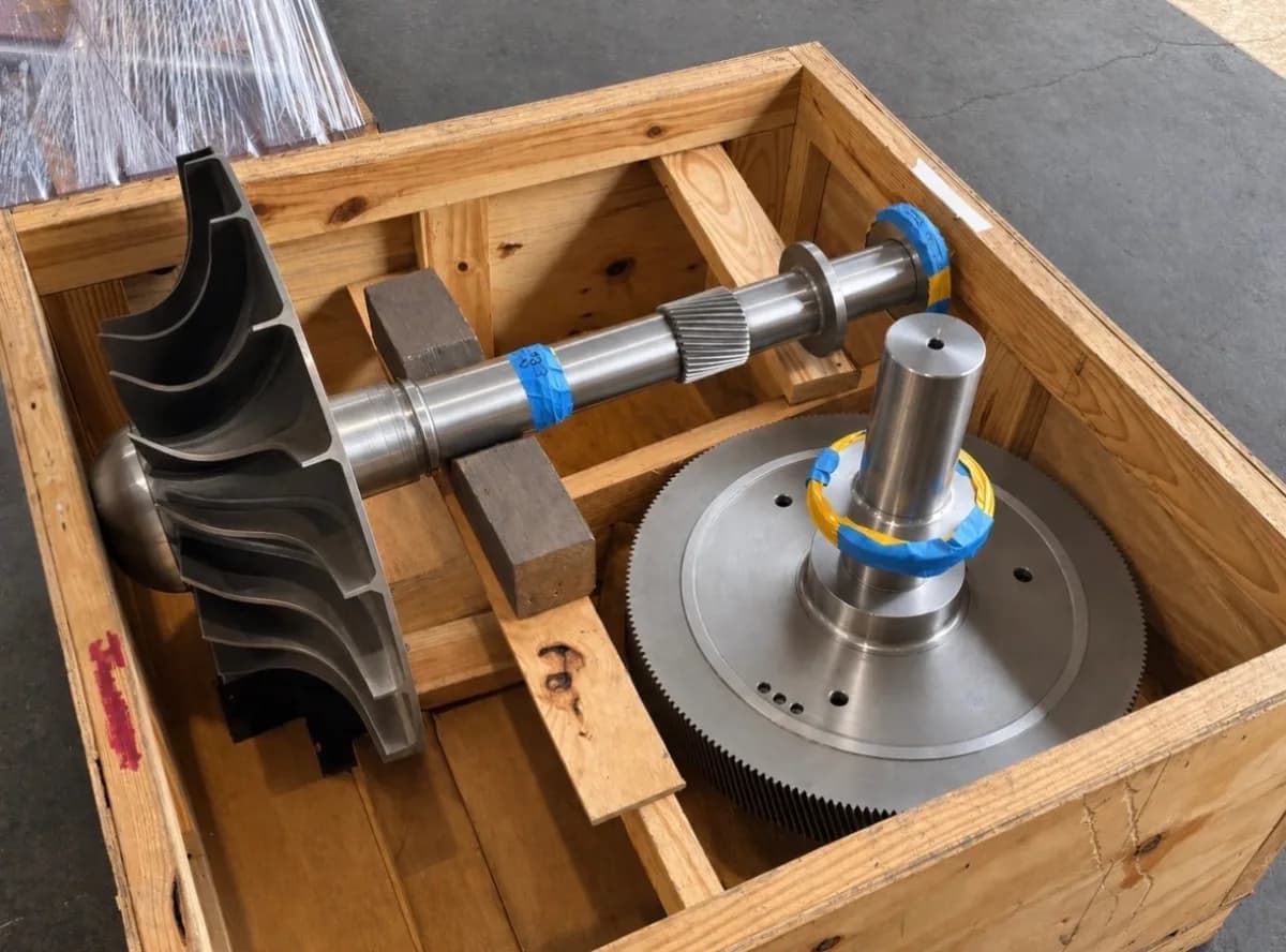 A finished custom impeller and shaft assembly with a large spur gear, crated and ready to ship.