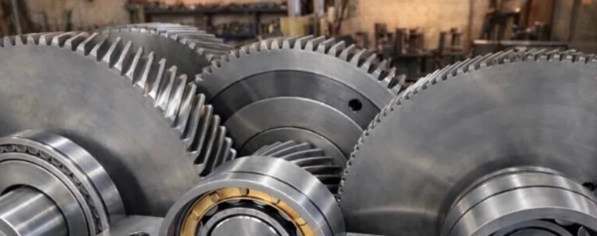 The same helical gear train and bearings fully machined and rebuilt, with clean bright-metal gear teeth and bearing races.