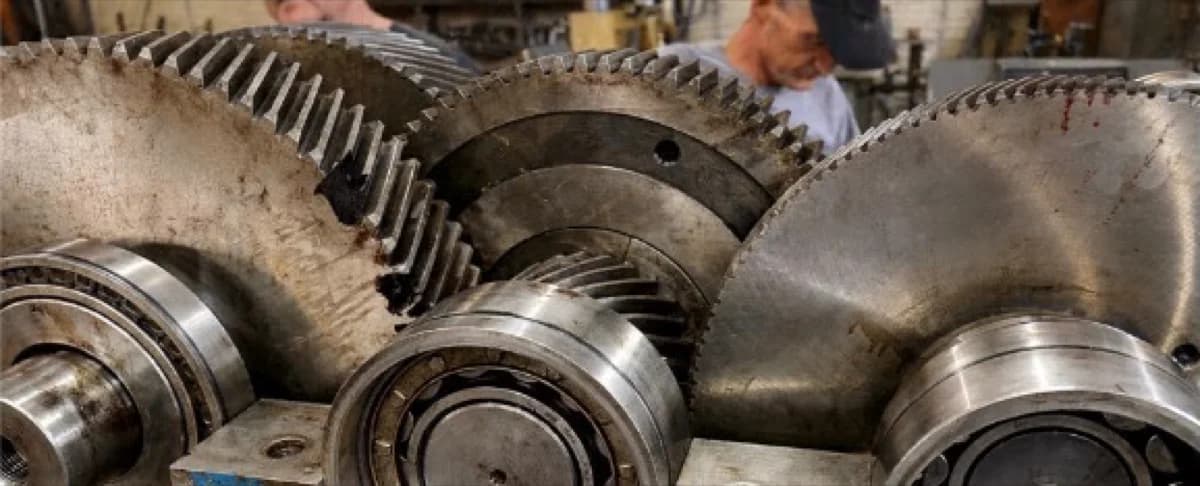 A worn helical gear train and bearings inside a blue gearbox housing, still carrying surface rust before rebuild.