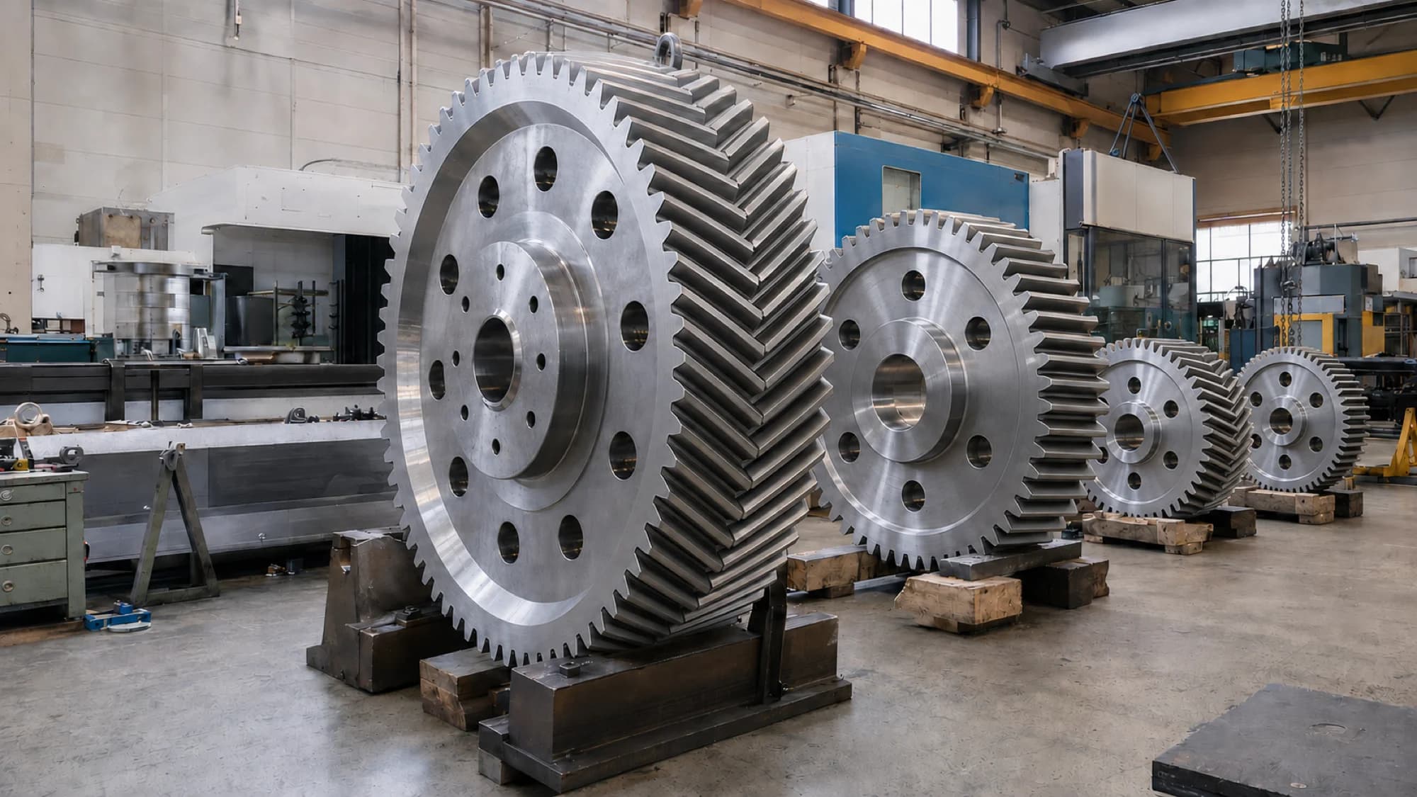Large custom-cut herringbone and spur gears staged on the shop floor, machined in-house.